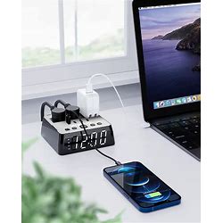 JACKYLED Alarm Clock With USB Charger Power Strip Total 4.8A USB Ports LED Full Screen Surge Protector 6.5ft Cord