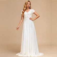 JJ's House Long Wedding Dress Bridal Dress Ivory Short Sleeves V-Neck A-Line 2024