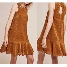 Maeve Anthropologie Amis Dress Brown Velvet Lace Ruffle Hem Size 0 Us