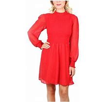 Crystal Dolls Womens Red Ruffled Zippered Smocked Long Sleeve Mock Short Fit + Flare Dress Juniors L