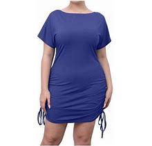 Plus Size Dress For Women Crewneck Drawstring Short Sleeve Stretch Dress Solid Slim Fit Pleated Casual Summer Mini Dress