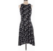 Ann Taylor LOFT Casual Dress - Fit & Flare Mock Sleeveless: Black Floral Motif Dresses - Women's Size 0