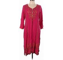 Sabhyata Casual Dress - Shift V Neck 3/4 Sleeves: Pink Print Dresses - Women's Size 2X