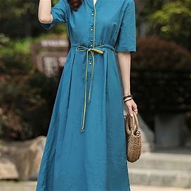 Solid Color Dress, Women's Button Front Casual Half Sleeve Women's Clothing Midi Dress,Must-Have,Temu