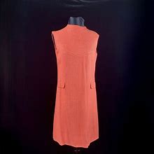 1960-70S Linen Shift Dress M Sleeveless Orange Fully Lined Faux Pockets MOD Gogo Mid Century Capsule Wardrobe