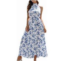 Fesfesfes Off The Shoulder Dresses For Women Mock Neck Lace Up Halter Neck Backless Dress Casual Waist Ribbon Lace Up Beach Floral Print Boho Dress