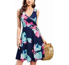 KILIG Women's Casual V Neck Floral Sundresses Aline Sleeveless Midi Summer Dress With Pocket