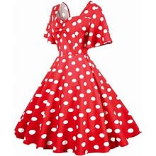 Bescita Women's Retro Travel Style Wave Hem Short Sleeve Polka Dot Mid-Length Hem Dress