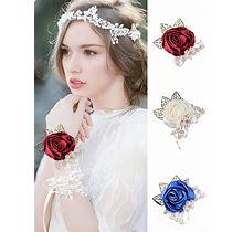 1Pc Luxury Wedding Wrist Flower With Pearl, Flower, Golden Leaf & Satin Rose For Bride/Bridesmaid, Party, Formal Dress Accessory With Rhinestone Lace Pearl,One-Size