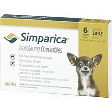 2.8-5.5 Lbs, Simparica Chewable Tablets For Dogs, 6 Treatments, 5 Mg Sarolaner