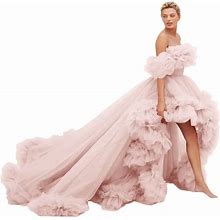 UZN Women's High Low Tulle Prom Dresses Off Shoulder Ruffles Formal Evening Party Gowns