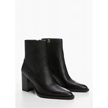 MANGO - Leather Ankle Boots With Block Heel Black - 9½ - Women