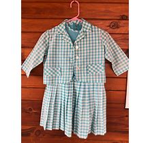 Vintage 50 60S Girls Gingham Pleated Dress With Matching Coat 5T-6T