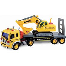 Maxx Action 17 Vehicle Transport With Excavator - Bright Lights And Construction Sounds | Friction Powered Trailer | 3 Piece Toy Playset For Kids