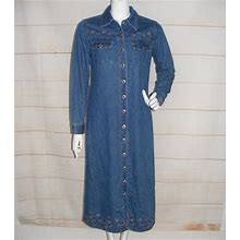 Vintage Dresses | Denim Dress, M, Floral Embroidery, Long Sleeve, Duster, Blue, Buttons, Pockets | Color: Blue | Size: M