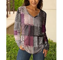 Lily Women's Tunics GRY - Gray & Mauve Abstract Patchwork V-Neck Tunic - Women