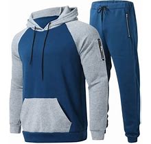 Cuoff Suits For Men Winter Sport Wear Tracksuit Clothes Outfits Set Sweatshirt+Long Sweatpants Blue 2X