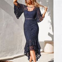 Women's Lace Dress Wedding Guest Dress Party Dress Bodycon Sheath Dress Midi Dress White Wine Navy Blue Half Sleeve Pure Color Lace Fall Spring Crew N