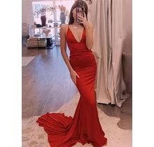 2024 Red Prom Dress Long V-Neck Sleeveless Sheath Silk Like Satin
