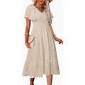 MEROKEETY Women's Summer Casual V Neck Ruffle Sleeve Smocked High Waist Midi Dress With Pockets