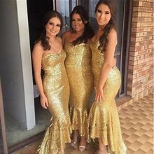 Gold Sequin Strapless Sweetheart High Low Mermaid Bridesmaid Dress