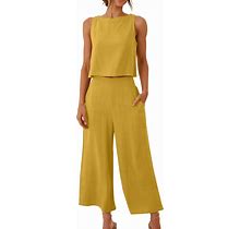 Anuyalue Linen 2 Piece Set For Women Sleeveless Tank Top Outfits Button Wide Leg Pants Summer Boho Clothing With Pockets