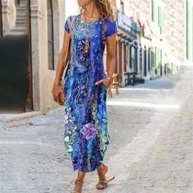 Women's A Line Dress Maxi Long Dress Blue Short Sleeve Floral Pocket Print Summer Round Neck Casual 2023 S M L XL XXL 3XL