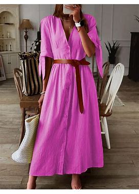 Women Half Sleeve V-Neck Solid Elegant Casual Dress Rose/L