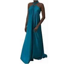Yeahitch Women's 2023 Summer Satin Dress Sleeveless Halter Neck Party Prom Dresses Solid Color Cocktail Maxi Dress Blue L