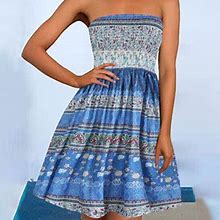 Summer Savings Clearance 2024! Tagold Womens Summer Dress, Women's Bohemian Style Strapless Elastic Band Dress Dresses Sleeveless Floral Print Dress B