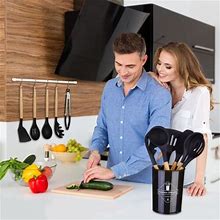 "Essential Kitchen Tools: Black Stainless 12-Pc Cooking Utensils Set"