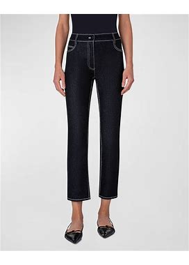 Akris Punto Maru Contrast-Stitch Slim-Leg Ankle Denim Pants, Black, Women's, 12, Denim & Jeans Cropped Ankle Capri Jeans