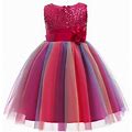 Canrulo Kids Girls Formal Dress Flower Sequins Round Collar Sleeveless Princess Dress Rose Red 4-5 Years