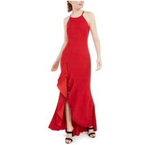 Bebe Womens Red Glitter Ruffled Spaghetti Strap Halter Full-Length Formal Hi-Lo Dress 12