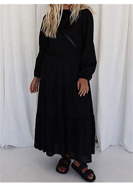 Women's White Dress Casual Dress Cotton Linen Dress Maxi Long Dress Ruched Ruffle Daily Vacation Crew Neck Long Sleeve Summer Spring Fall Black White