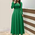Women Casual Solid Long Sleeve Round Neck Dress Big Swing Long Dress Women's Casual Dress Green M