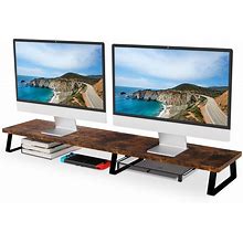 Aothia Dual Monitor Stand Riser - Dual Monitor Stand For Desk With Metal Legs,Monitor Stand With Drawer,Desk Shelf For Monitor, Wood Monitor Stand