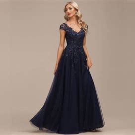 JJ's House A-Line V-Neck Floor-Length Tulle Lace Wedding Guest Dress With Sequins