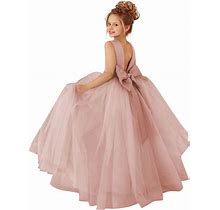 Mcieloluna Flower Girls Satin Tulle Princess Pageant Dress For Wedding Kids Pearls Prom Ball Gowns With Bow-Knot