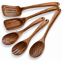 TANAAB Kitchen Wooden Spoons Utensils Set For Cooking, 5 Piece Acacia Wood Spoon Cooking Utensils Apartment Essentials Wooden Turner Spoon Spatula