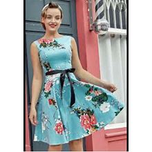 Acevog Blue Floral A-Line Dress 1950S Style Size 16/18 Plus Cotton/Spandex Guc | Color: Blue | Size: 16/18