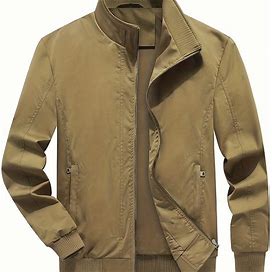 Spring/Fall Non-Stretch Collared Neck Coat, Men's Solid Long Sleeve Weekend Casual Zip Up Jacket,Khaki,Affordable,Temu