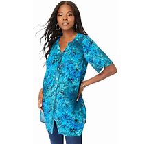 Roaman's Women's Plus Size Short-Sleeve Angelina Tunic - 42 W, Deep Turquoise Tie Dye Floral