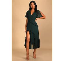 Emerald Green Swiss Dot Ruffled Midi Dress | Womens | X-Small (Available In XXS, S, M, L, XL) | 100% Polyester | Lulus Exclusive | Green Dresses