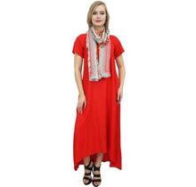 Bimba Women's Red Asymmetrical Hem Summer Maxi Pockets Boho Dress With Scarf-8