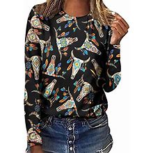 Women's Vintage Long Sleeve Shirts Retro Ethnic Printed Graphic Pullover Tops Casual Crew Neck Tunic Tees Blouse Black