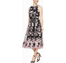 Alex Evenings Women's Floral-Embroidered Midi Dress - Black/Rose - Size 6