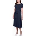 Ny Collection Petite Short Sleeve Belted Swiss Dot Dress - Navy Multi Circle - Size PM