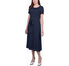 Ny Collection Petite Short Sleeve Belted Swiss Dot Dress - Navy Multi Circle - Size PS