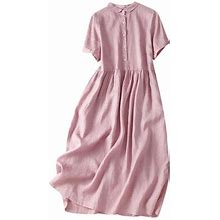 Ovbmpzd Women's Loose Lapel Neck Short Sleeve Dress Casual Pleated Cotton Linen Swing Maxi Dress Solid Front Button Long Dress Pink XXL